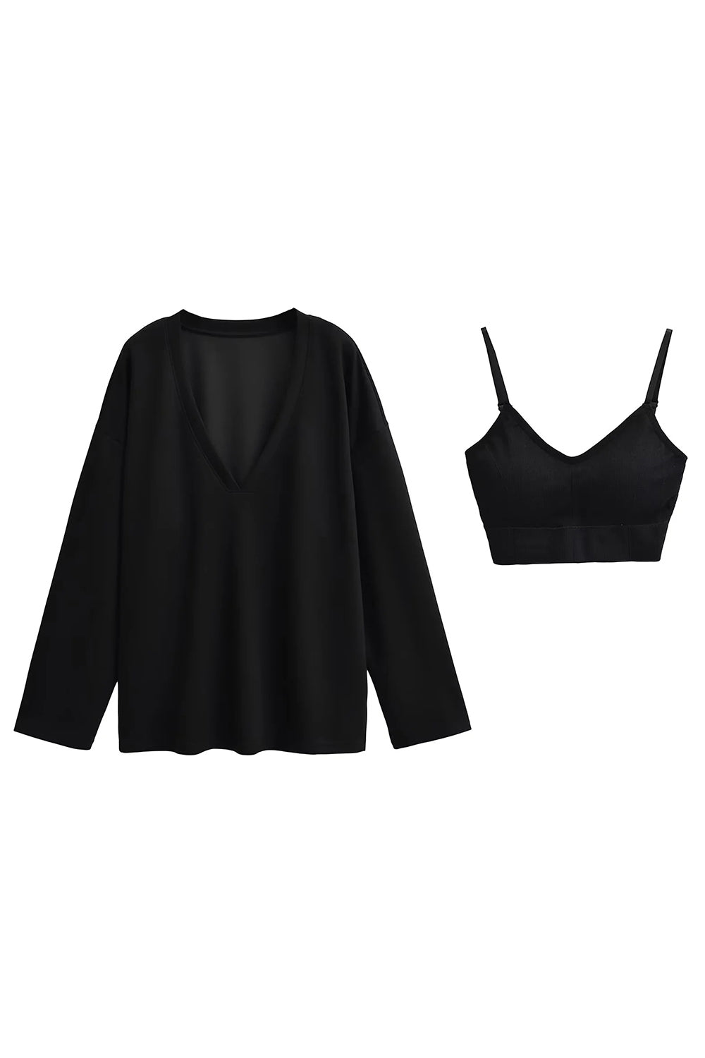 V-Neck Dropped Shoulder Long Sleeve Sweatshirt with Bra