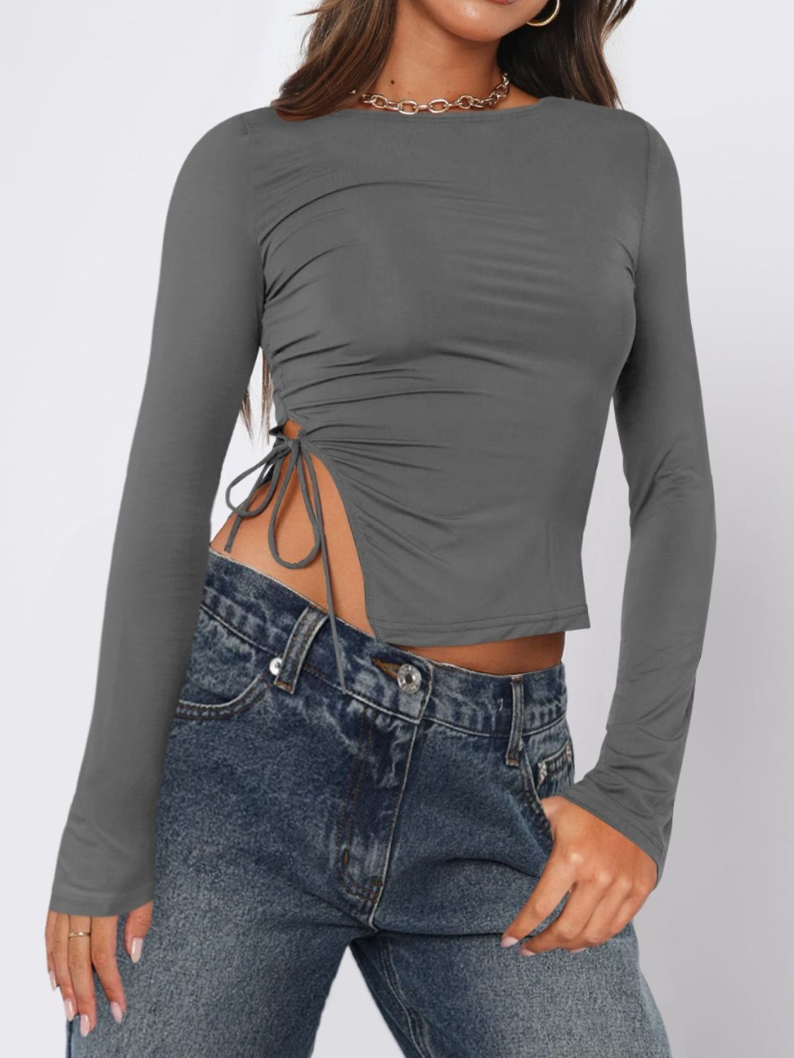 Tied Slit Round Neck Long Sleeve Top