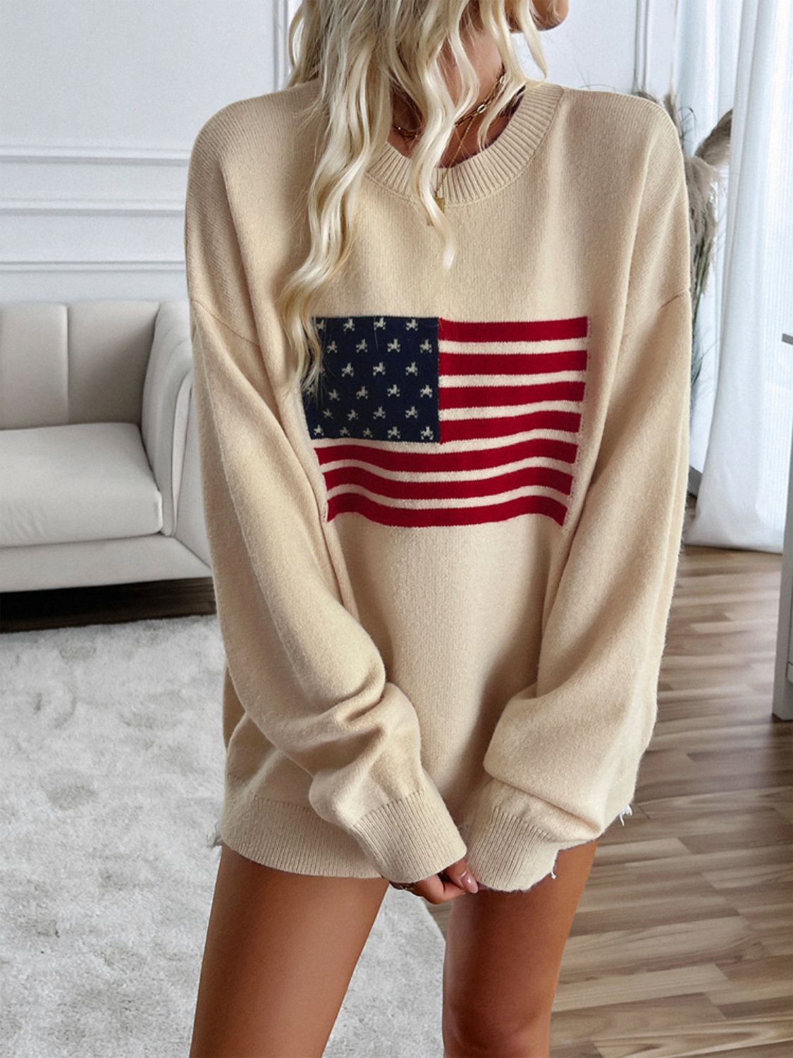 US Flag Round Neck Long Sleeve Knit Sweater Top