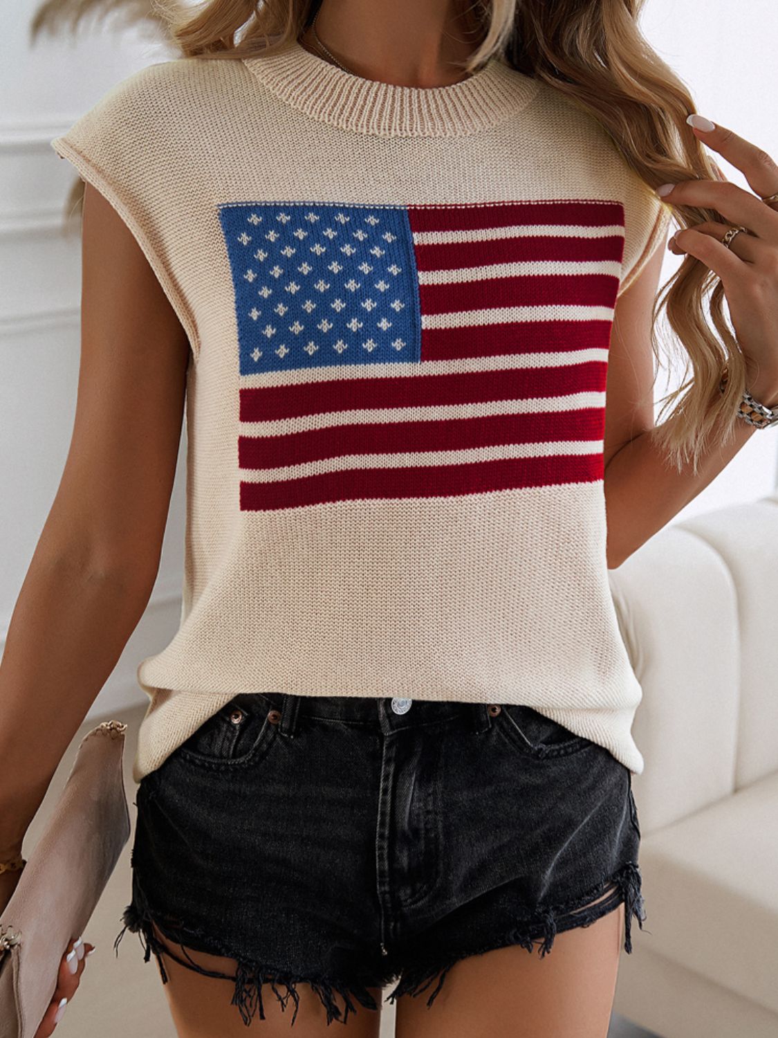 US Flag Round Neck Sweater Vest