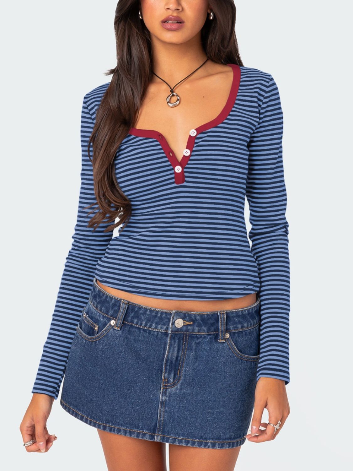 Buttoned Striped Long Sleeve Top