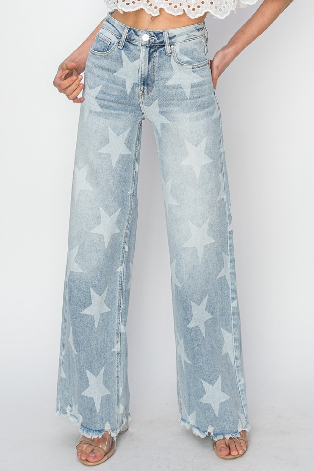 Full Size Raw Hem Star Wide Leg Jeans