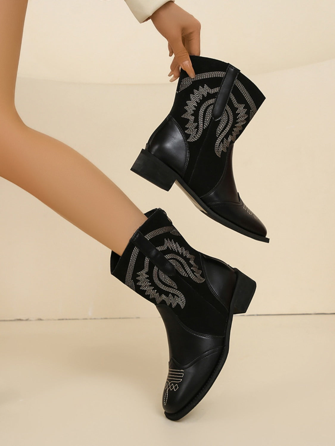 Embroidered Faux Leather Block Heel Boots