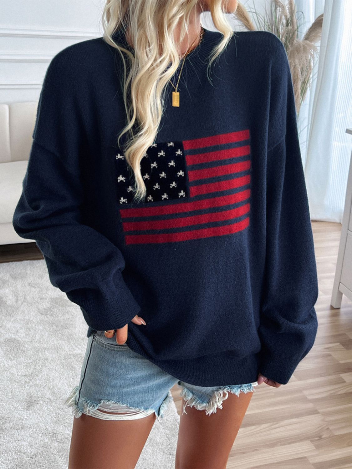 US Flag Round Neck Long Sleeve Knit Sweater Top