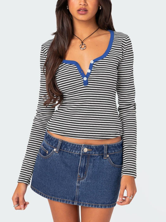 Buttoned Striped Long Sleeve Top