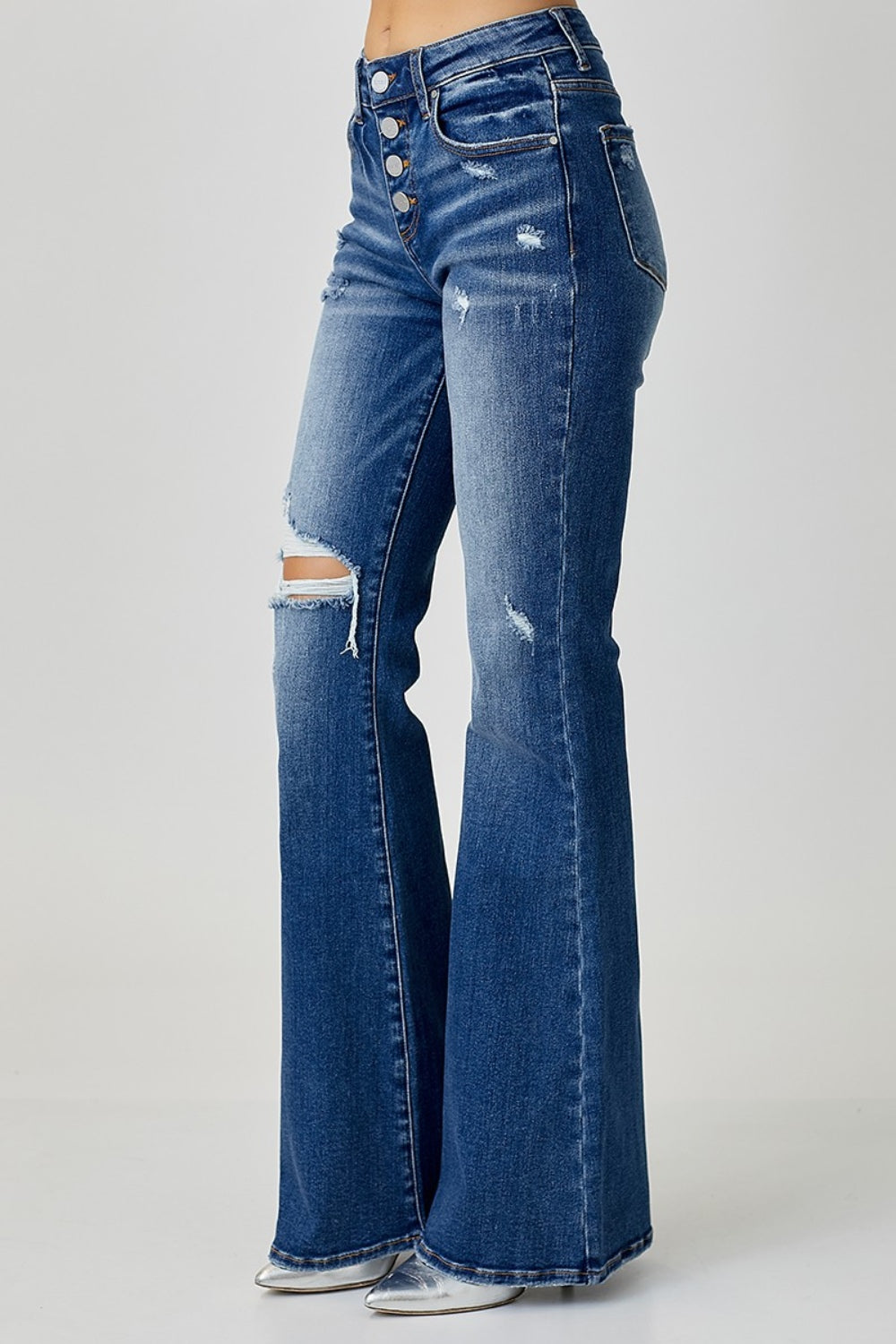 Distressed Button-Fly Flare Jeans