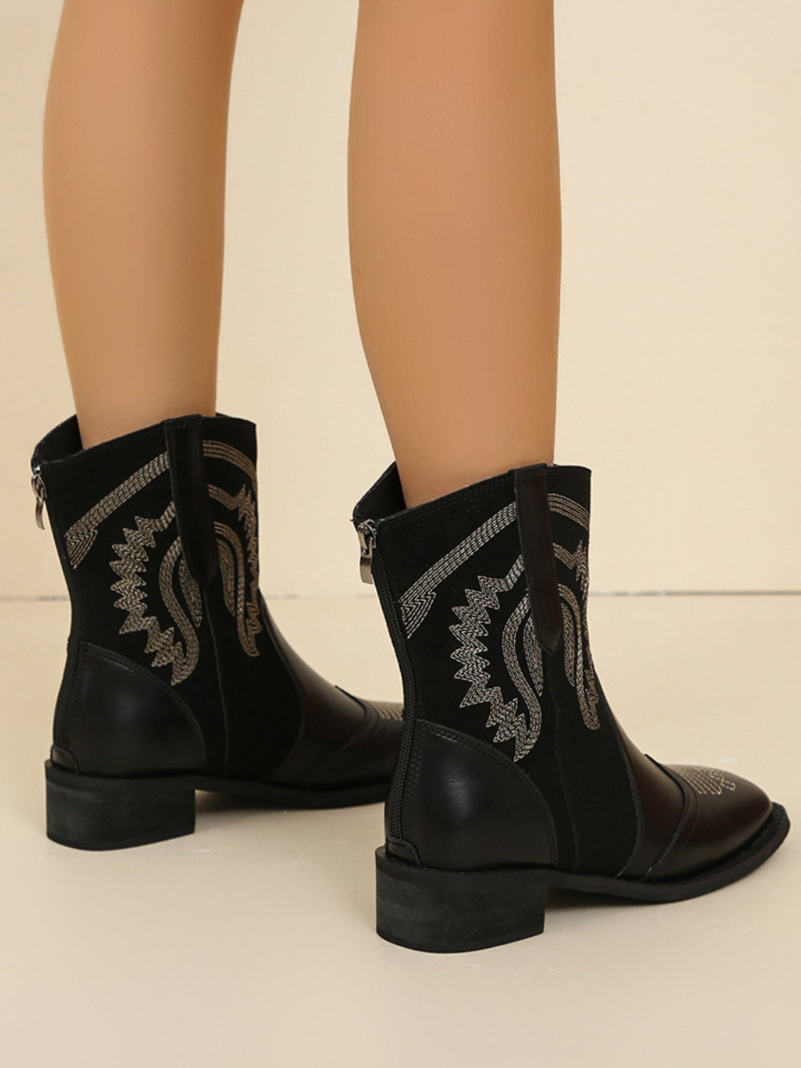 Embroidered Faux Leather Block Heel Boots