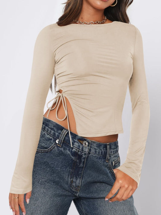 Tied Slit Round Neck Long Sleeve Top