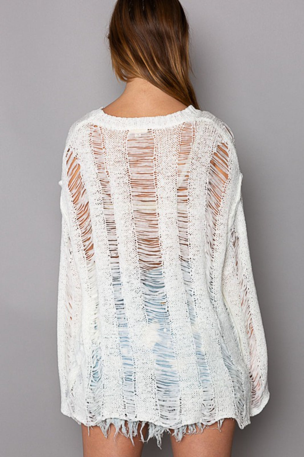 Distressed Round Neck Long Sleeve Knit Sweater Cover Up