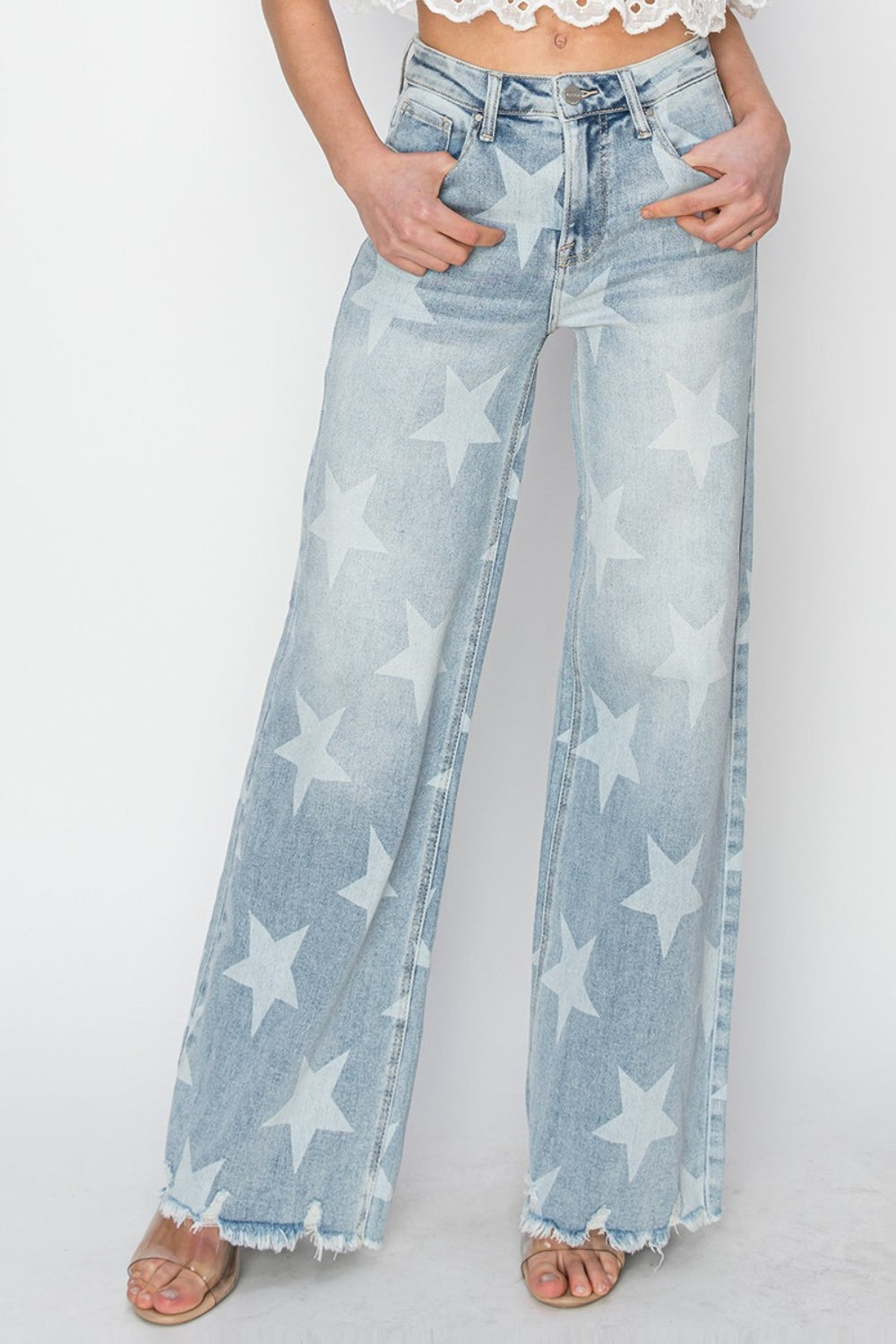 Full Size Raw Hem Star Wide Leg Jeans