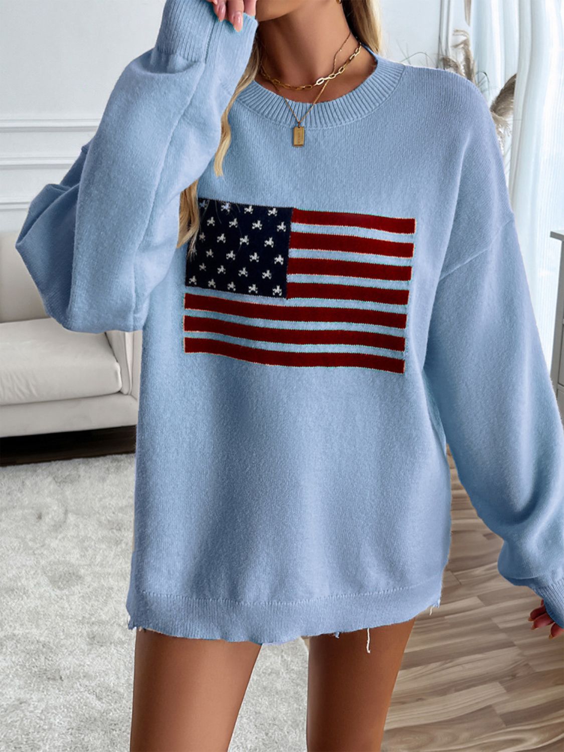 US Flag Round Neck Long Sleeve Knit Sweater Top