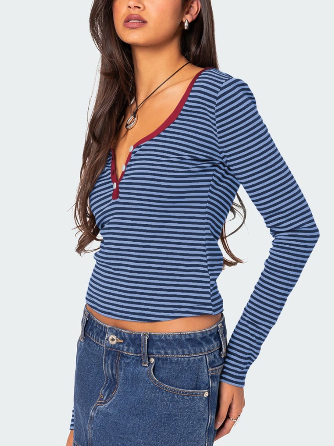 Buttoned Striped Long Sleeve Top