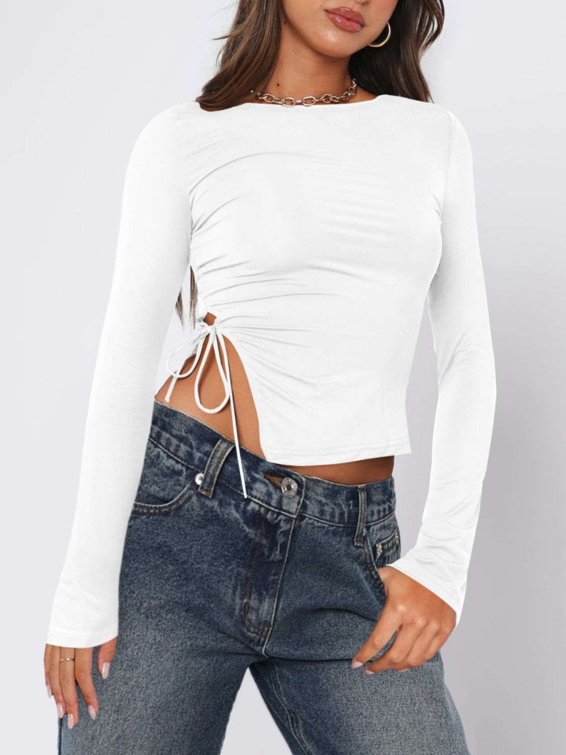 Tied Slit Round Neck Long Sleeve Top