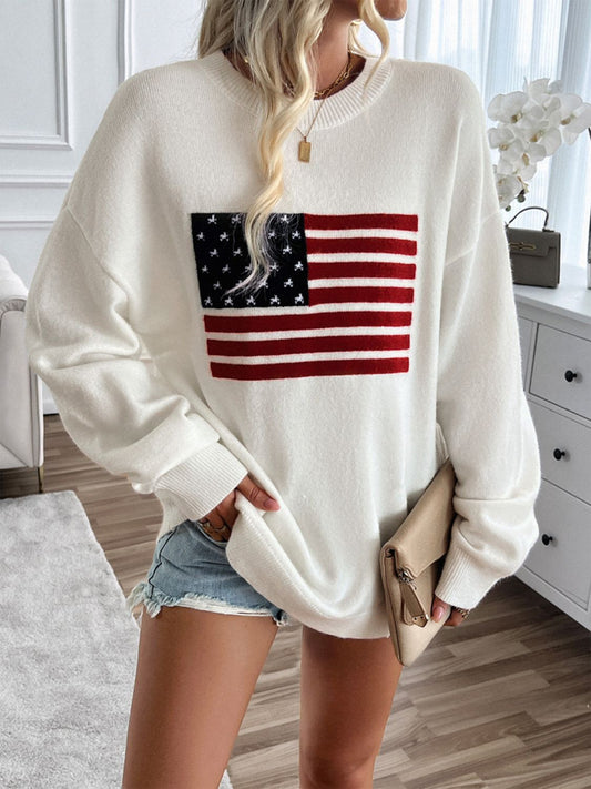 US Flag Round Neck Long Sleeve Knit Sweater Top