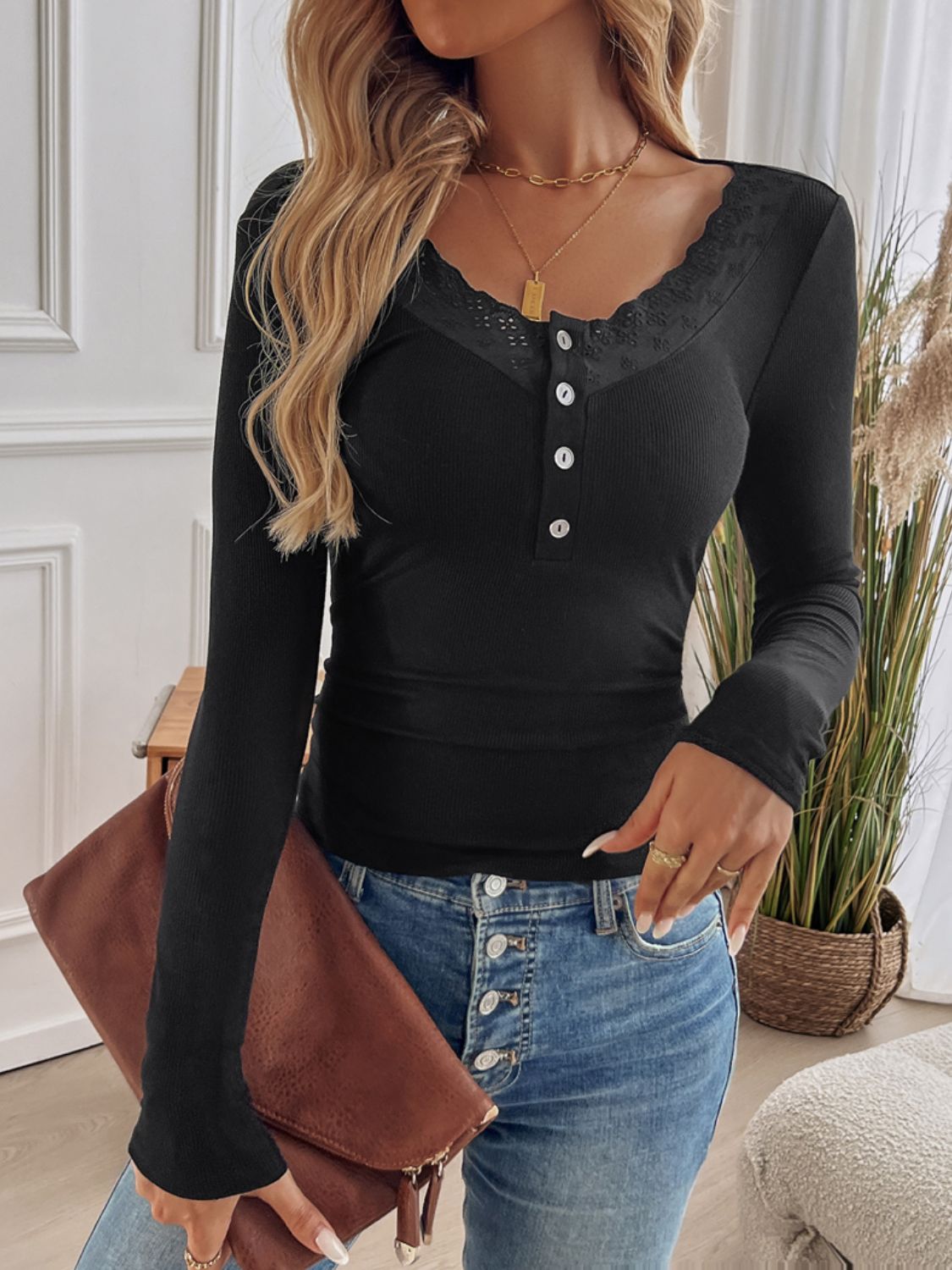 Lace Detail Round Neck Long Sleeve Top