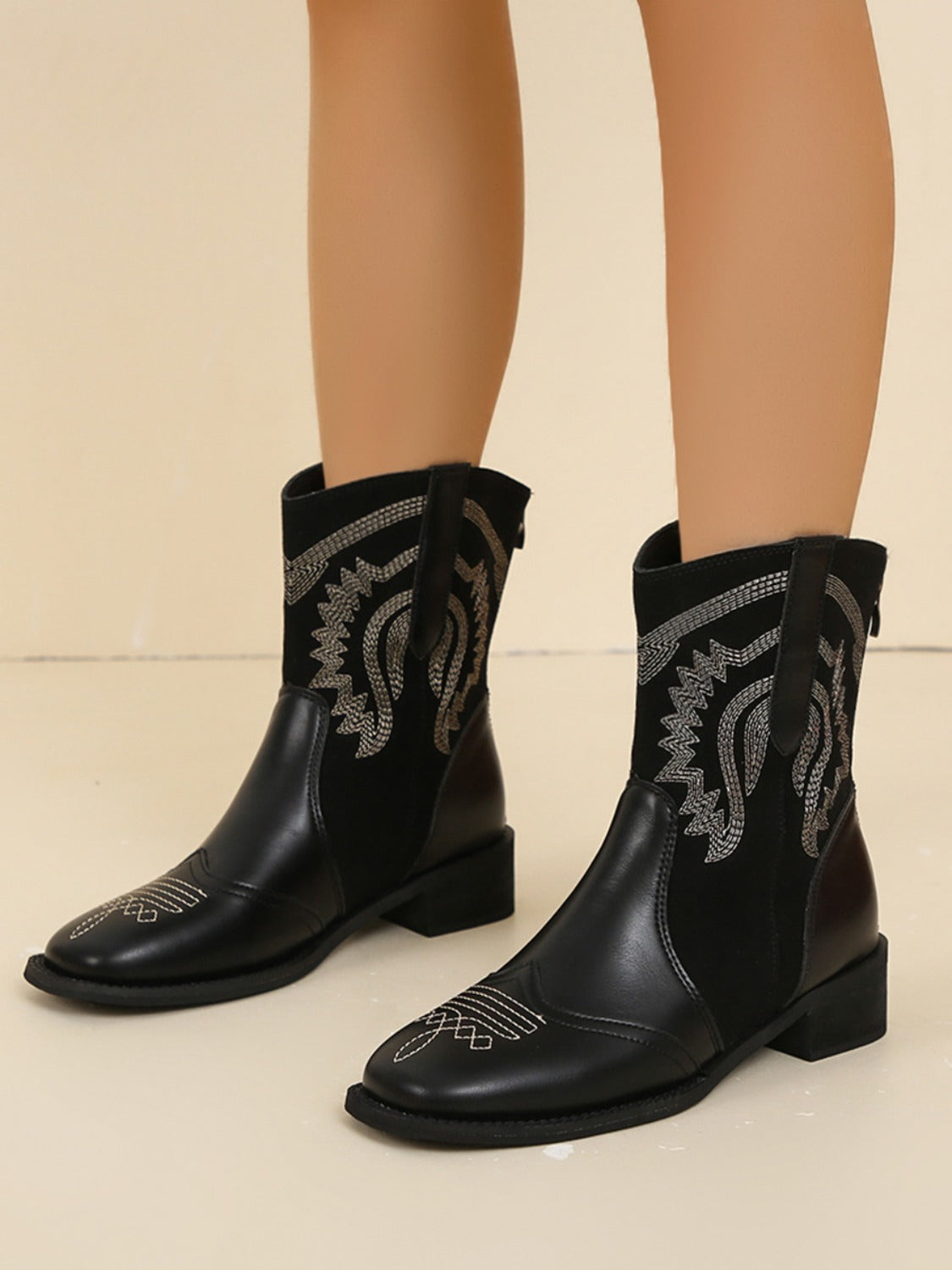 Embroidered Faux Leather Block Heel Boots