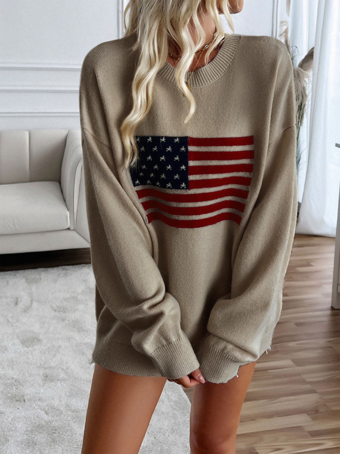 US Flag Round Neck Long Sleeve Knit Sweater Top