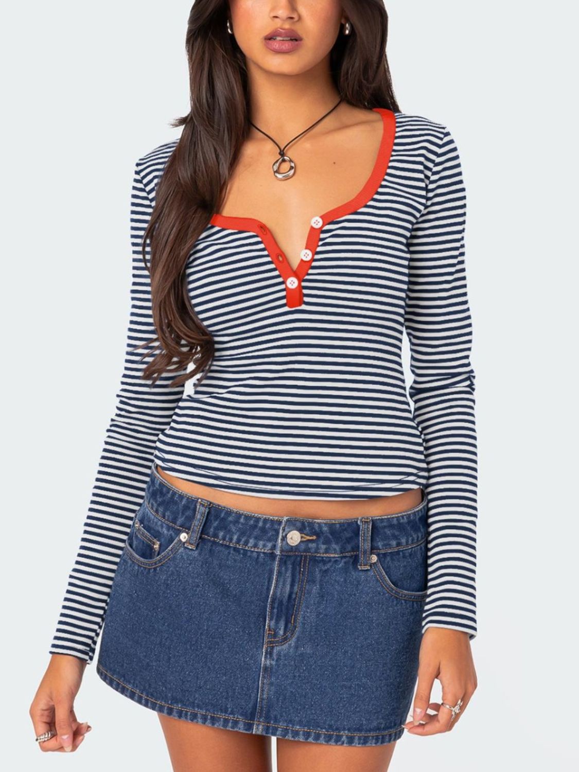 Buttoned Striped Long Sleeve Top