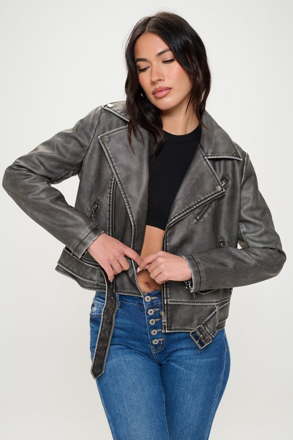 LA Vegan Leather Zip Up Biker Jacket with Belt