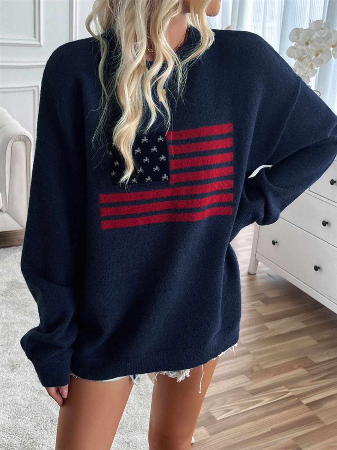 US Flag Round Neck Long Sleeve Knit Sweater Top